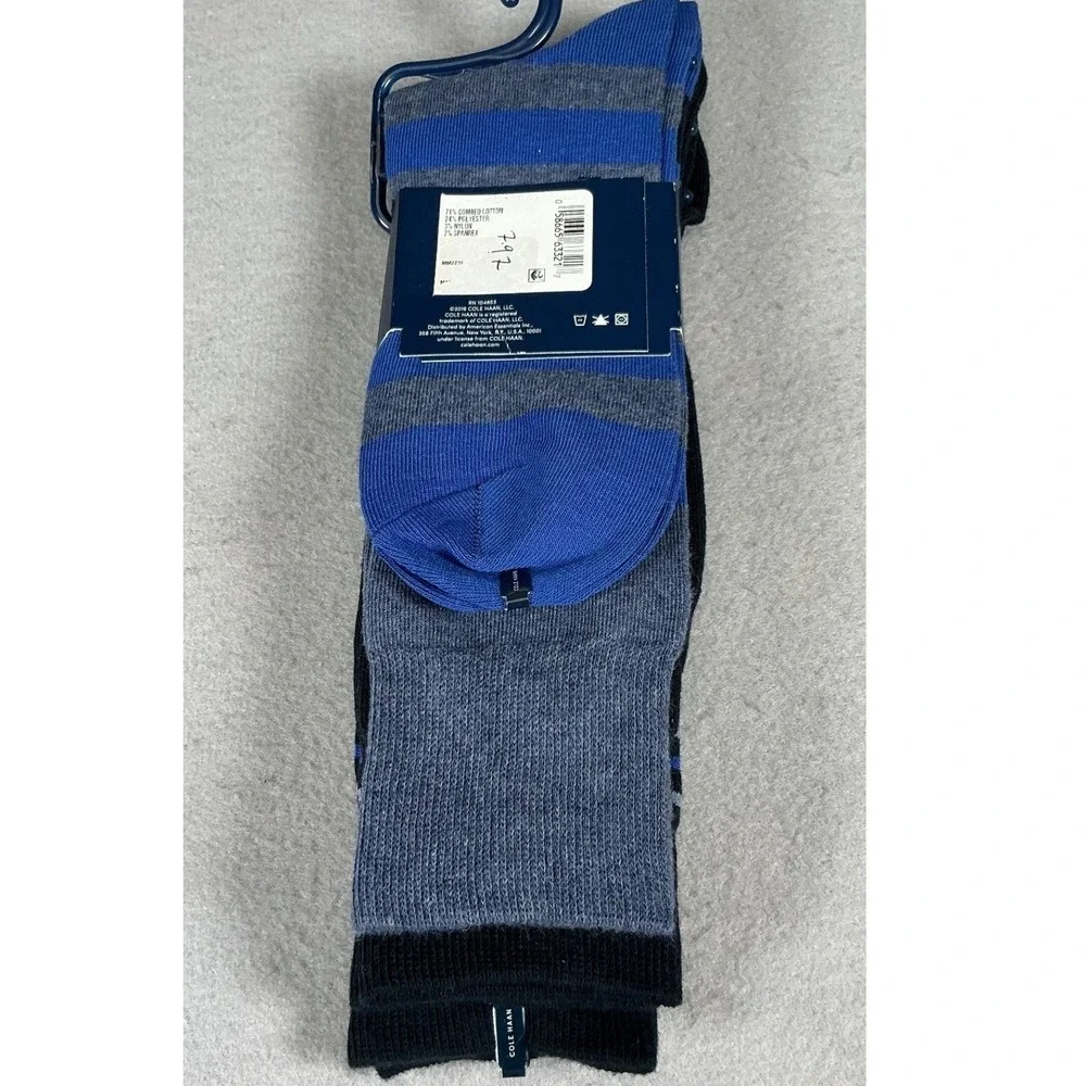 Cole Haan Mens 3 Pack Combed Cotton Striped Crew Socks Blue Black Grey Size 7-12